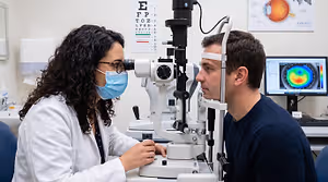 An eye doctor in a white coat examines a male patient's eyes using a medical ophthalmoscope in an exam room.