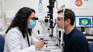 An eye doctor in a white coat examines a male patient's eyes using a medical ophthalmoscope in an exam room.