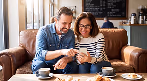 Two people sitting on a couch and smiling at their phone.