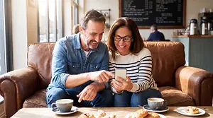 Two people sitting on a couch and smiling at their phone.