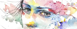 Abstract watercolor portrait of a woman with blue eyes and multicolored splashes around her head
