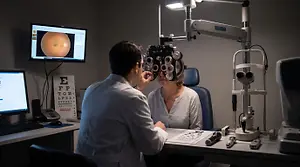 Doctor examining a woman patient in an eye clinic