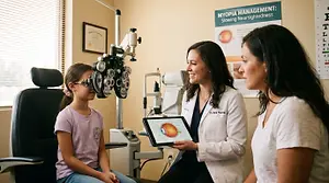 Three people sit in a room, two are looking at a tablet while the third sits in a chair and looks at an eye chart.