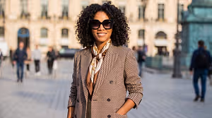 Woman with afro hairstyle and wearing sunglasses posing for a photo in Paris