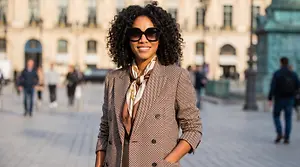 Woman with afro hairstyle and wearing sunglasses posing for a photo in Paris