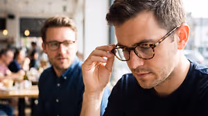 Two men sitting in a restaurant, one with glasses adjusting his and the other looking at him