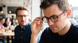 Two men sitting in a restaurant, one with glasses adjusting his and the other looking at him