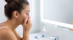 woman placing a contact lens on her eye and looking in a mirror