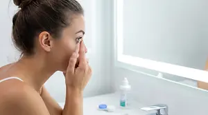 woman placing a contact lens on her eye and looking in a mirror