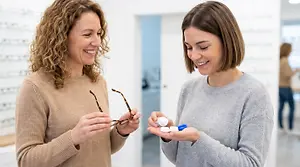 A woman wearing glasses and a woman wearing a gray sweater holding a contact lens case and contact lenses