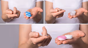 woman holding blue and white contact lens case and a pink and white case