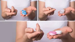 woman holding blue and white contact lens case and a pink and white case