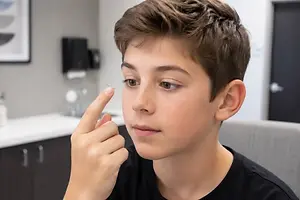 A boy adjusts a contact lens while sitting in a chair in a medical office.
