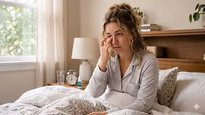 A woman in bed with a headache covering her face with her hand
