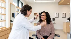 A woman in a white lab coat is examining a woman's eyes with a penlight in an optometrist's office.
