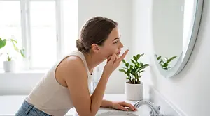 A woman is standing in front of a mirror and touching her face with her hand while holding a contact lens in her hand