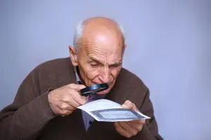An elderly man using a magnifying glass to examine a piece of paper