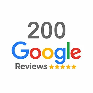 Graphic showing 200 Google reviews with five gold stars