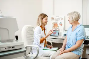 A female optometrist consults with an elderly woman patient in an eye clinic