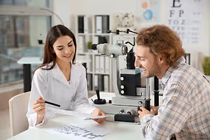 A man is checking his eyesight with an optometrist in a clinic.