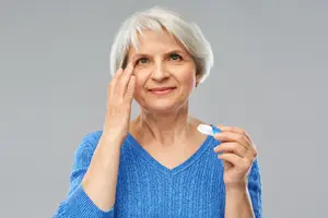An elderly woman with white hair is smiling and holding a toothbrush while applying makeup to her face