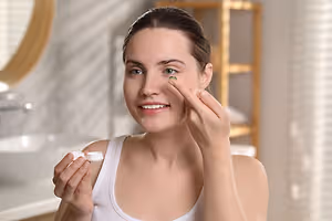 A woman is adjusting her contact lenses in front of a bathroom mirror.