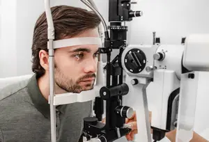 A man is having his eyes checked with an ophthalmoscope