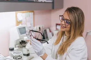 A woman in a white lab coat holds glasses in her hand while smiling.