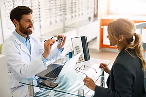 A man in a white lab coat and a woman in a black coat are sitting at a table with a laptop and a phone. The man is holding a pair of glasses and smiling while the woman is looking at him and smiling. Behind them is a glass display case with eyeglasses and a glass window with a reflection of a window.