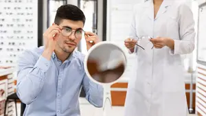 A man is looking at himself in a mirror, adjusting his glasses while a woman in a white coat stands nearby.