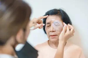 A woman is applying an eye patch to an older woman who is looking down with her eyes closed.
