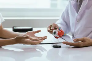 A doctor showing an eye model to a patient