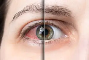 A close-up of a woman's eye with a red, irritated eye and a healthy eye next to it.