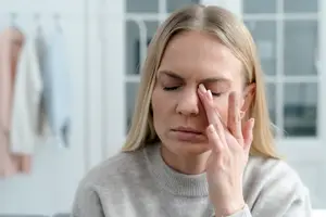 A woman sitting on a couch with her hand on her forehead looking down in a room with a white wall and glass window