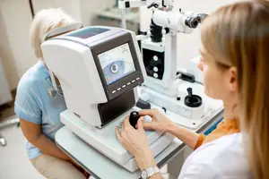A woman is adjusting an eye examination machine while another woman sits and observes.