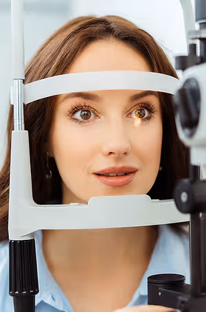 Woman receiving eye exam with slit lamp equipment at optometry clinic.