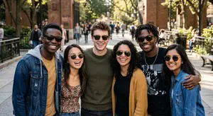 A group of people wearing sunglasses pose for a photo on a sidewalk.