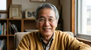 Old Asian man in a chair wearing glasses and a sweater with a bookshelf behind him