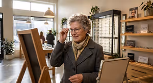 An elderly woman is trying on glasses at an optician's store.