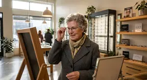 An elderly woman is trying on glasses at an optician's store.