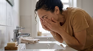 woman in bathroom crying with water running on her face