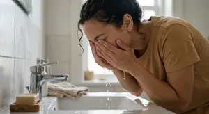 woman in bathroom crying with water running on her face