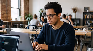 A man wearing glasses is working on a laptop in an office with other people sitting at tables in the background.