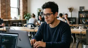 A man wearing glasses is working on a laptop in an office with other people sitting at tables in the background.