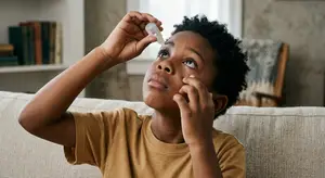 A young boy sitting on a couch and administering eye drops