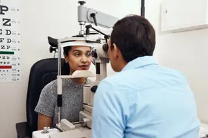 A woman is getting her eyes checked by a man in a blue shirt in a medical clinic.