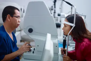 An adult man and woman are looking at a machine in an optical shop