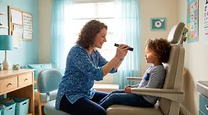 A woman doctor examining a child's eyes using an ophthalmoscope
