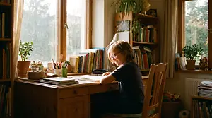 A young child sits at a desk, smiling, with a book in front of them.