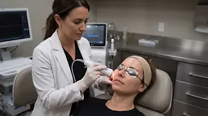 A doctor is applying a laser treatment on a woman's face in a clinic.